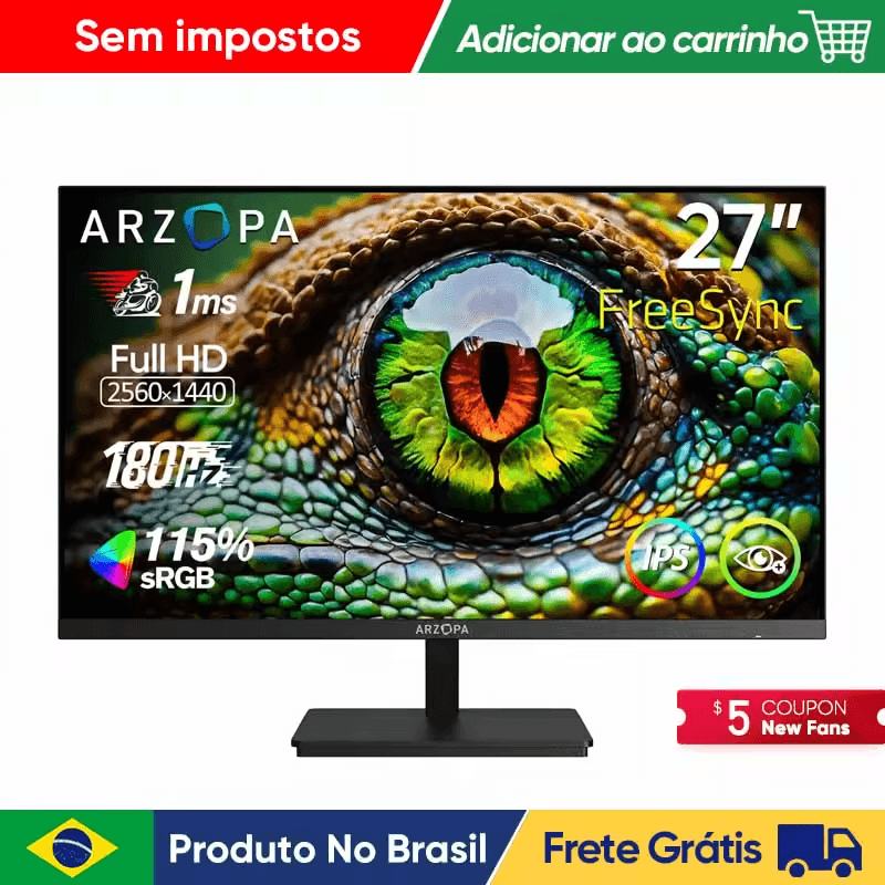 Monitor ARZOPA 27" 180Hz QHD 2K Tipo C FreeSync Samsung DeX Gamer