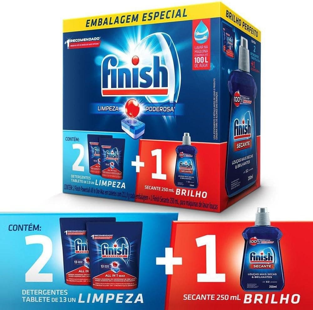 Kit 2 Detergentes Lava Louças Finish Powerball 13 tabs + 1 Finish Secante 250ml
