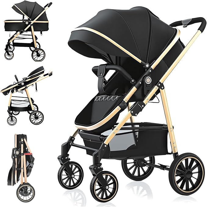 Carrinho de Bebê 2 em 1, Carrinho Bebê Portátil dobrável, Cadeira ajustável, Cesta de dormir removível, Peso máximo suportado 15kg (Preto)