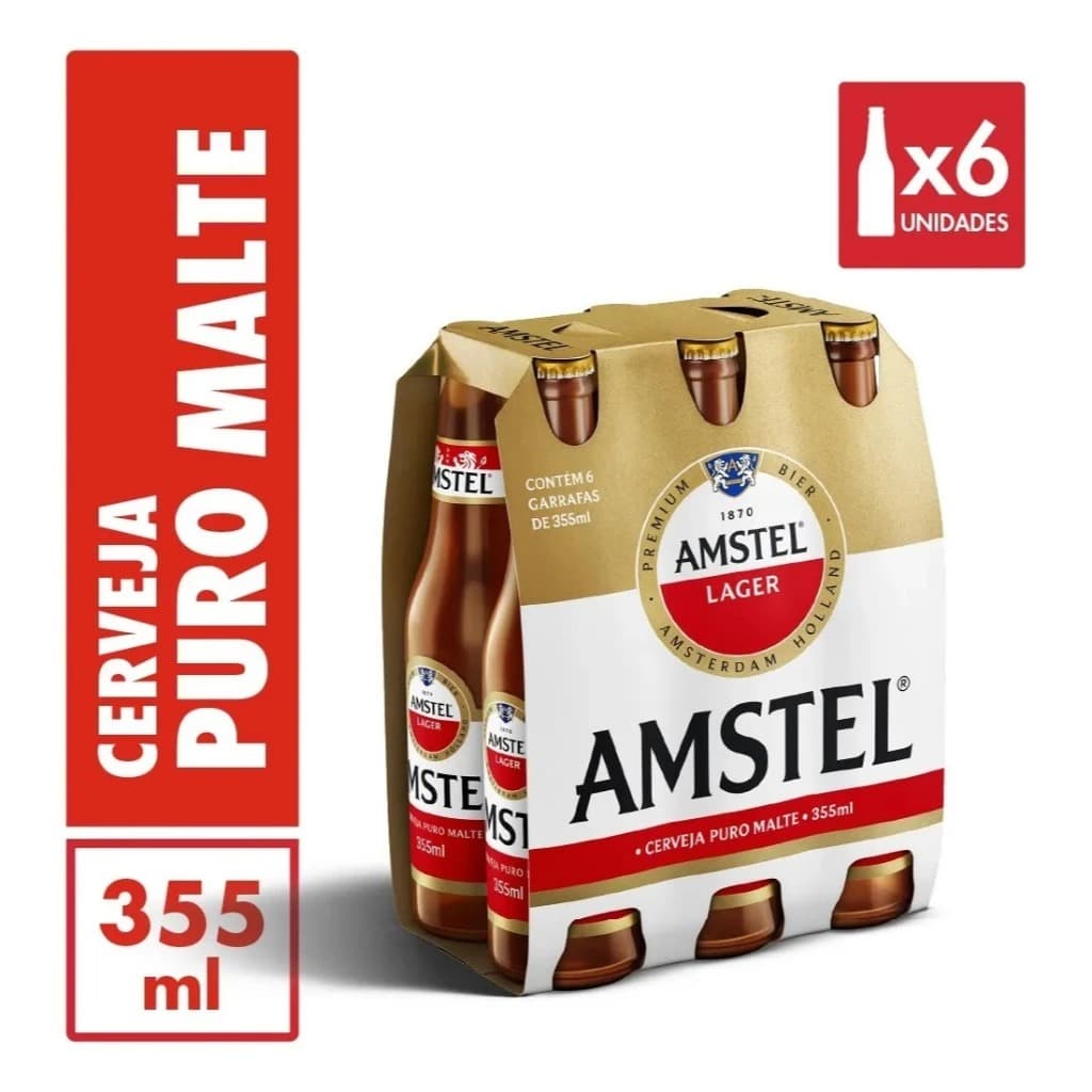 Cerveja Lager Amstel Long 355ml - Pack com 6 unidades