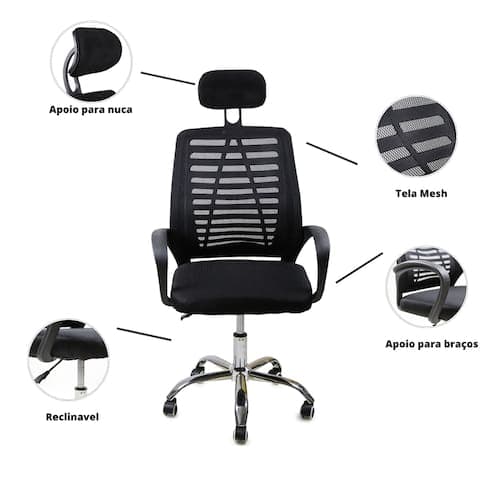 Cadeira Escritório Diretor Tela Mesh Com Encosto De Cabeça - Preto