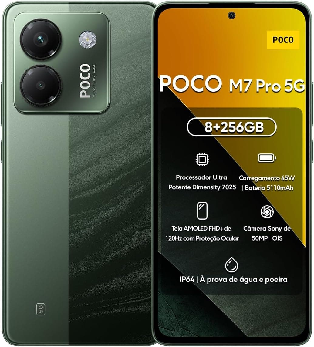 Xiaomi Smartphone POCO M7 Pro 5G 256GB | 8GB/12GB RAM | Processador Ultra Potente Dimensity 7025 | Tela AMOLED FHD+ 120Hz com Proteção Ocular | Bateria 5110mAh com 45W Turbo Charge (Verde, 8+256GB)