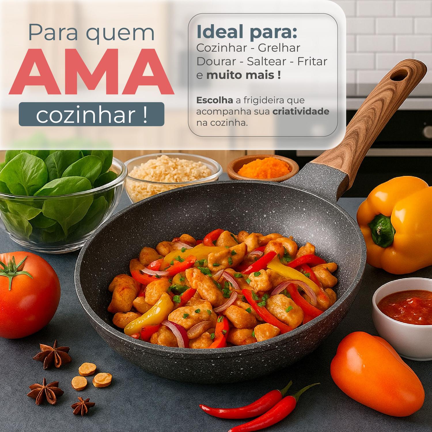 Frigideira Panela De Cerâmica Indução Magnética Ou Gás Compacta Com Cabo Ergonômico Linha Premium - MALIBU