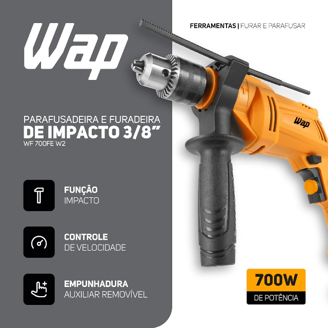WAP Parafusadeira e Furadeira Impacto 3/8" WF 700FE W2, Limitador de Profundidade e Empunhadeira Auxiliar 40Nm 700W