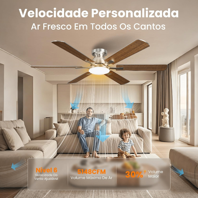 Airwit Ventilador de Teto Silencioso com Controle Remoto, Bivolt 127V/220V, 132,08cm, 3 Cores de Luz, 6 Velocidades e Função Reversa