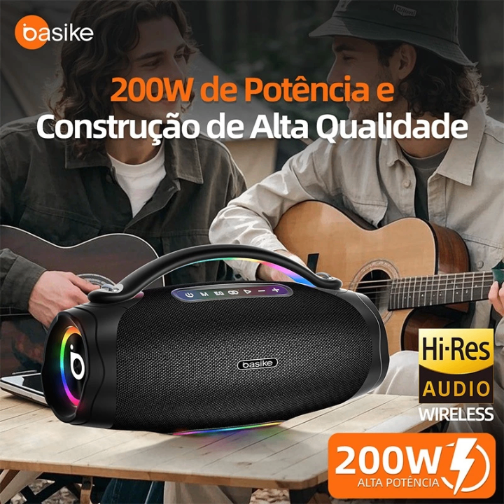 Basike Caixa de Som Bluetooth 5.4 Sem Fio 200W – Subwoofer, Som Estéreo de Alta Fidelidade, Party Speaker IPX6 (RAD180)