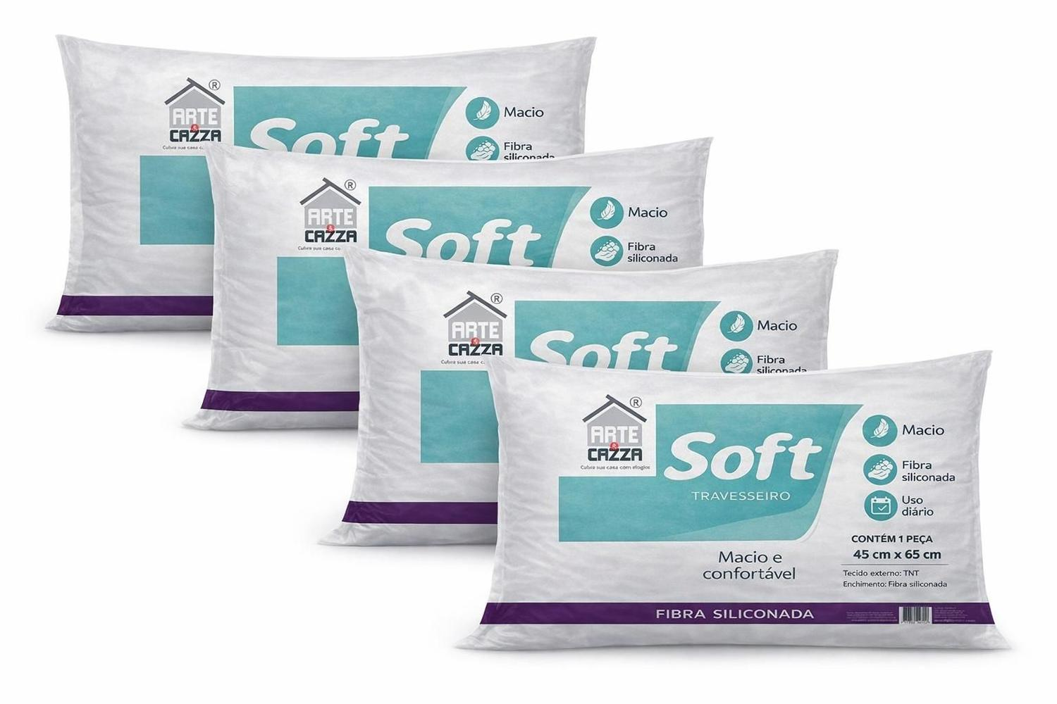 Travesseiro Soft Antialergico Fibra Siliconada Kit 4 Und - Arte & Cazza