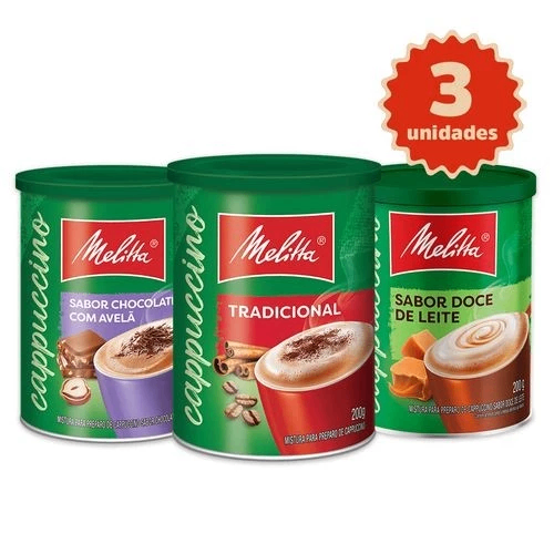 Kit 3 Cappuccinos Melitta® 200g cada Tradicional + Doce de Leite + Chocolate com Avelã