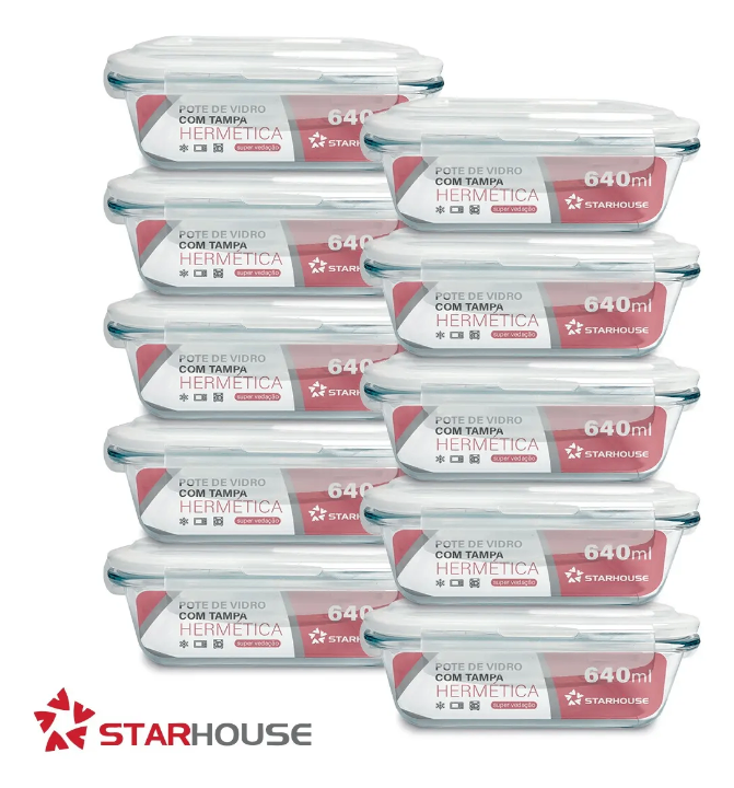 Kit 10 Potes Herméticos Vidro 640ml Starhouse Marmita Forno Micro-ondas