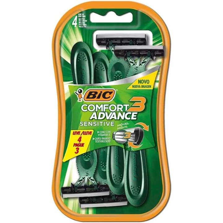 BIC Aparelho De Barbear Comfort 3 Advance Pele Sensível Verde C/ Fita Lubrificante 9298501 Embalagem Leve 4 Pague 3