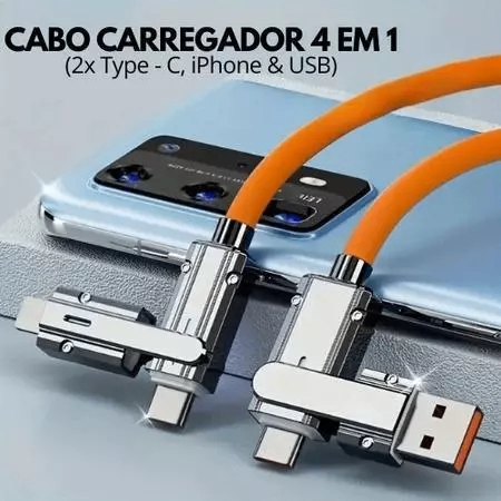 Cabo Carregador 4 em 1 Retrátil 65W Super Rápido Tipo C + Lightning 1,2m Universal iPhone Android