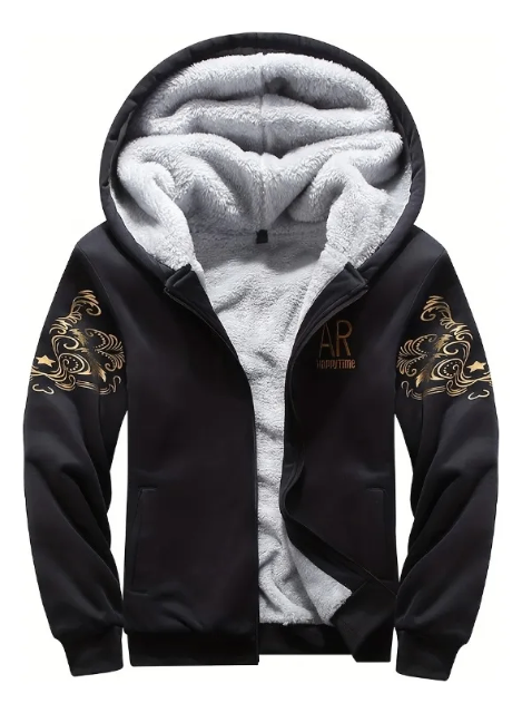 Jaqueta Com Capuz Forrada Em Fleece Bordada Inverno Masculina
