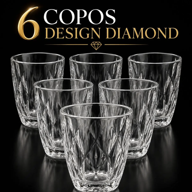 Jogo de Copos Diamante 300ml em Vidro Grosso Transparente Kit com 6 Unidades - KFJ