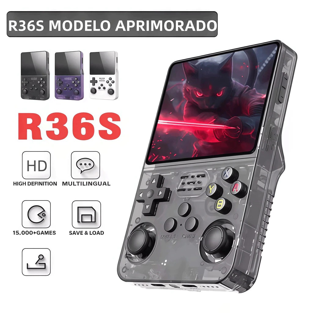 Console Portátil R36S + de 15.000 Jogos Vídeo Game 64g Linux Tela IPS 3.5 Polegadas videogame