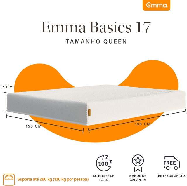 Colchão Queen Emma Basics 17 cm - 158x198 cm Espuma D28 17cm com Tecnologia Alemã, Firmeza Ideal, Suporte Confortável, 100 Noites de Teste e 5 Anos de Garantia