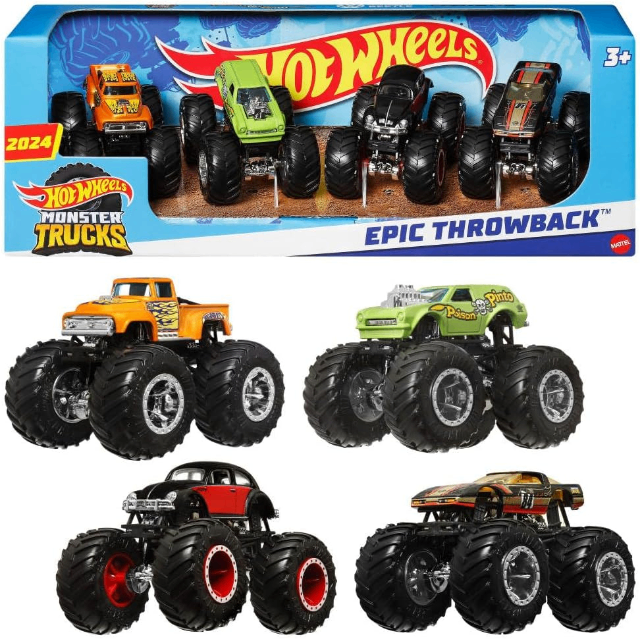 Hot Wheels Monster Trucks Veículo de Brinquedo Pacote Surpresa 4 carros Escala 1:64 para crianças a partir de 3 anos