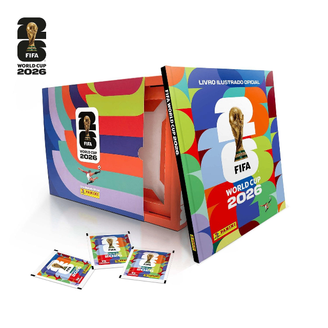 Box Gaveta Álbum de Figurinhas Capa Dura (Colorido) Copa do Mundo FIFA 2026 EUA com 60 Pacotes de Figurinhas Panini