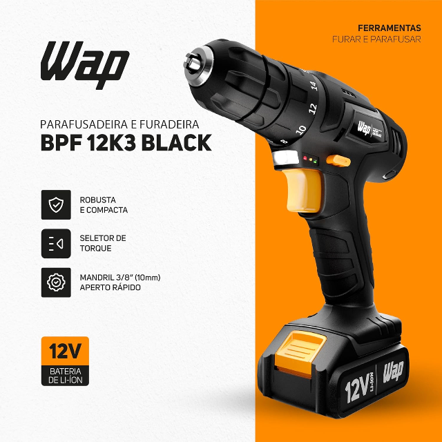 WAP Parafusadeira e Furadeira a Bateria Li-Ion 12V BPF 12K3 BLACK Carregador Bivolt com Maleta e Kit de 13 Acessórios