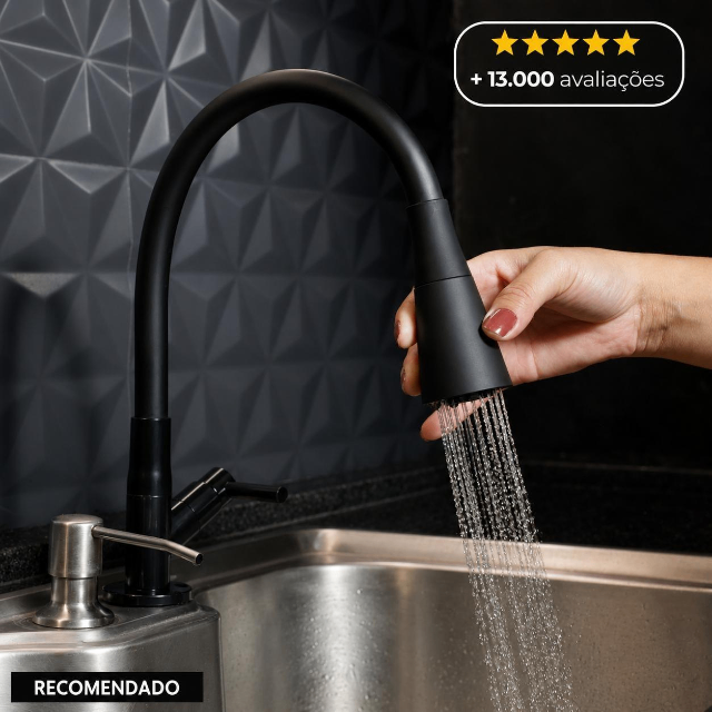 Torneira Gourmet Flexível para Cozinha de Bancada 2 Jatos Preta em ABS - Aromatec