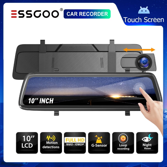 ESSGOO 10 INCH Câmera Dash Cam 1080P Full HD Com Tela Sensível Ao Toque CAR DVR 170 ° WDR De Ângulo Amplo