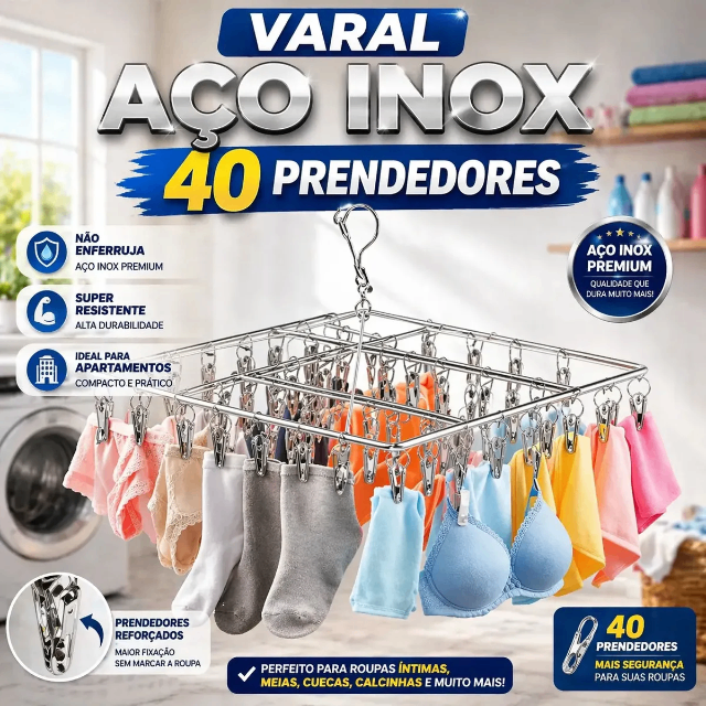 Varal Suspenso Para Roupas Íntimas em Aço Inox com 40 Prendedores Reforçado Slim
