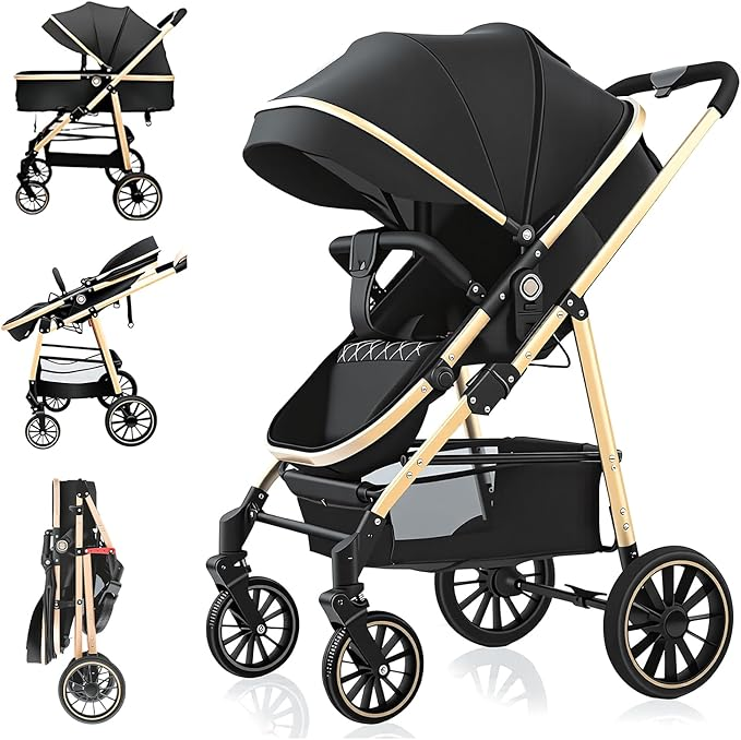 Carrinho de Bebê 2 em 1, Carrinho Bebê Portátil dobrável, Cadeira ajustável, Cesta de dormir removível, Peso máximo suportado 15kg (Preto)