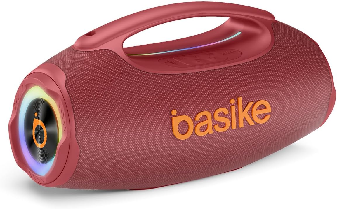 Basike Caixa de Som Bluetooth Portátil 80W RMS (Pico 120W), TWS Estéreo, Modos EQ, Luzes RGB, IPX6 Resistente à Água, Bateria 8000mAh, para Home Theater, Festa e Uso Externo – Vermelho