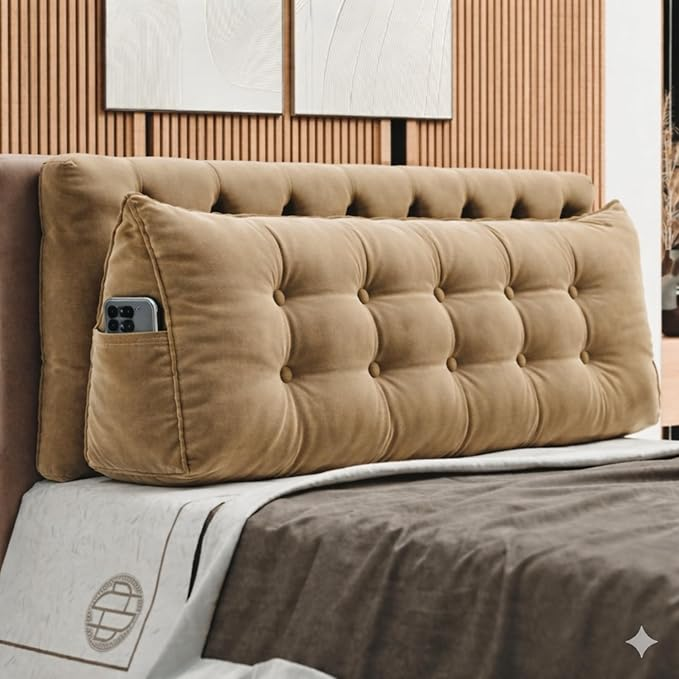 Almofada Cabeceira Triangular Capitonê, Encosto para Leitura e TV na Cama, Queen com Bolso Lateral, Fibra Siliconada 160x50x20cm