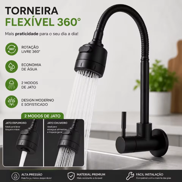 Torneira de cozinha em aço inoxidável 304 preto fosco Com Chuveiro Com Rotação De 360°