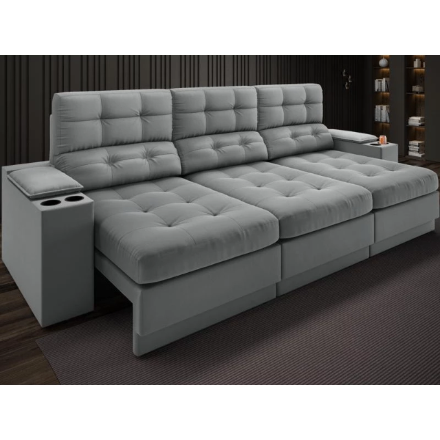 Sofá com Porta Copos e Carregador USB Eureka 2,30m Assento Retrátil e Reclinável Velosuede Grafite - NETSOFAS