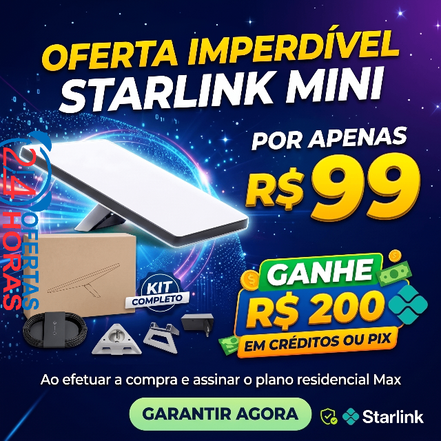 Antena Starlink Mini por R$ 99 + Ganhe R$ 200 em Créditos ou PIX na Contratação do Plano Residencial Max!